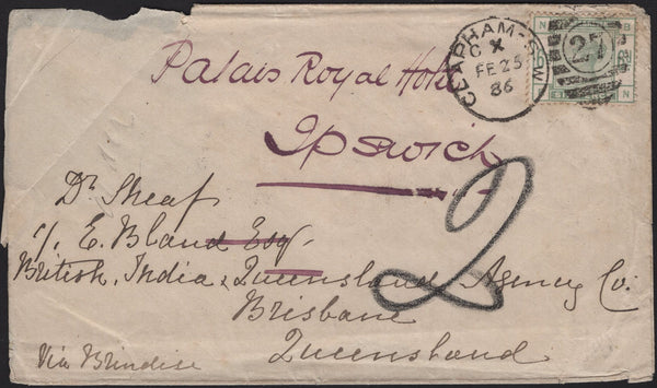 141648 1886 MAIL CLAPHAM, LONDON TO QUEENSLAND WITH 6D GREEN (SG194).