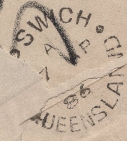 141648 1886 MAIL CLAPHAM, LONDON TO QUEENSLAND WITH 6D GREEN (SG194).