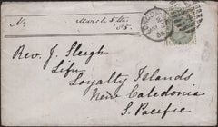 141649 THREE COVERS 1884/1885 FROM LONDON TO 'LIFU, LOYALTY ISLANDS, NEW CALEDONIA, S. PACIFIC' WITH 4D GREEN (SG192).