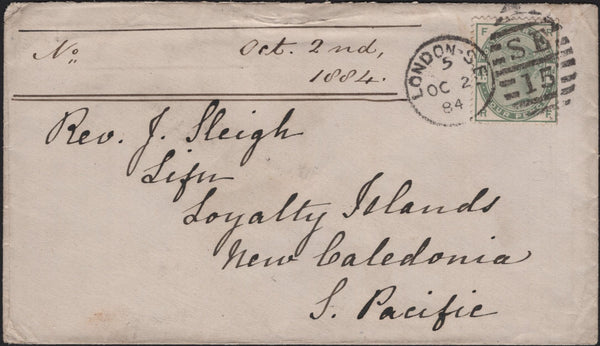 141649 THREE COVERS 1884/1885 FROM LONDON TO 'LIFU, LOYALTY ISLANDS, NEW CALEDONIA, S. PACIFIC' WITH 4D GREEN (SG192).