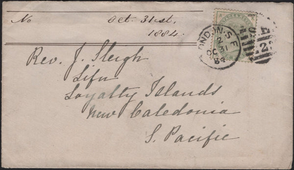 141649 THREE COVERS 1884/1885 FROM LONDON TO 'LIFU, LOYALTY ISLANDS, NEW CALEDONIA, S. PACIFIC' WITH 4D GREEN (SG192).