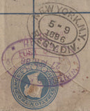 141650 1886 2D BLUE REGISTERED ENVELOPE IPSWICH TO USA UPRATED WITH 1D LILAC (SG172) AND THE VERY RARE 9D GREEN (SG195).