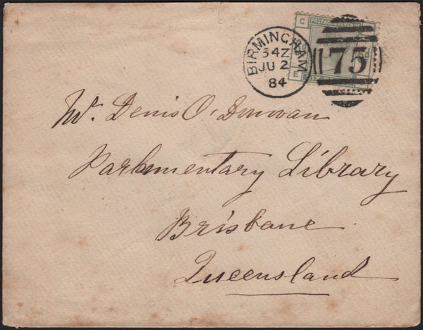 141651 1884 MAIL BIRMINGHAM TO BRISBANE WITH 6D GREEN (SG194).