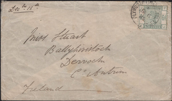 141652 1885 MAIL, ORIGIN UNKNOWN, ADDRESSED TO ANTRIM, IRELAND WITH 6D GREEN (SG194) 'PLYMOUTH TO BRISTOL-T.P.O.' CANCELLATION.
