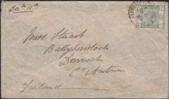 141652 1885 MAIL, ORIGIN UNKNOWN, ADDRESSED TO ANTRIM, IRELAND WITH 6D GREEN (SG194) 'PLYMOUTH TO BRISTOL-T.P.O.' CANCELLATION.