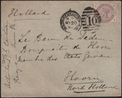 141653 1886 MAIL SOUTH KENSINGTON TO HOORN, HOLLAND WITH 2½D LILAC (SG190).