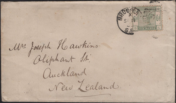 141655 1885 MAIL BROCKLEY, LONDON TO AUCKLAND, NEW ZEALAND WITH 6D GREEN (SG194).