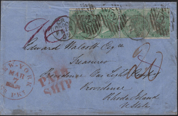 141656 1859 MAIL LONDON TO RHODE ISLAND, USA WITH 1S GREEN (SG72) X 4 WITH RIDEOUT NO. '2' EXPERIMENTAL DUPLEX.
