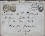 141657 1885 MAIL LONDON TO 'R.M.S. DERWENT, BRAZIL' WITH PAIR 6D GREEN (SG194).