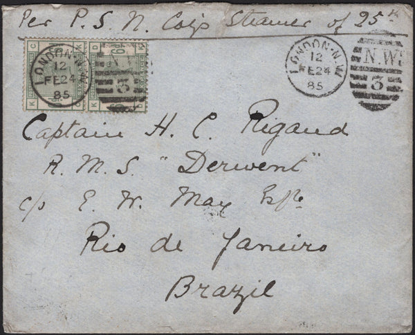 141657 1885 MAIL LONDON TO 'R.M.S. DERWENT, BRAZIL' WITH PAIR 6D GREEN (SG194).