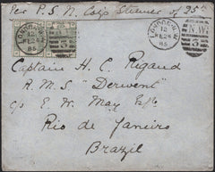 141657 1885 MAIL LONDON TO 'R.M.S. DERWENT, BRAZIL' WITH PAIR 6D GREEN (SG194).