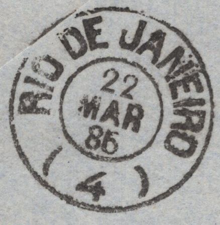 141657 1885 MAIL LONDON TO 'R.M.S. DERWENT, BRAZIL' WITH PAIR 6D GREEN (SG194).