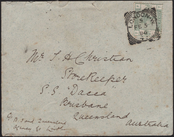 141658 1886 MAIL LONDON TO 'S.S. DACCA, BRISBANE, QUEENSLAND' WITH 6D GREEN (SG194).