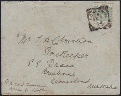 141658 1886 MAIL LONDON TO 'S.S. DACCA, BRISBANE, QUEENSLAND' WITH 6D GREEN (SG194).