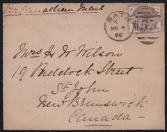 141659 1886 MOURNING ENVELOPE BATH TO NEW BRUNSWICK, CANADA WITH 2½D LILAC (SG190).
