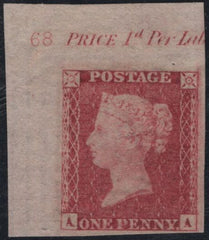 141664 1857 DIE 2 1D PL.68 VERY FINE CORNER MARGINAL IMPRIMATUR LETTERED AA.