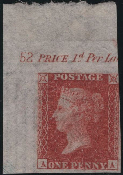 141666 1857 DIE 2 1D PL.52 CORNER MARGINAL IMPRIMATUR LETTERED AA.