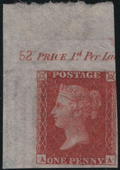 141666 1857 DIE 2 1D PL.52 CORNER MARGINAL IMPRIMATUR LETTERED AA.