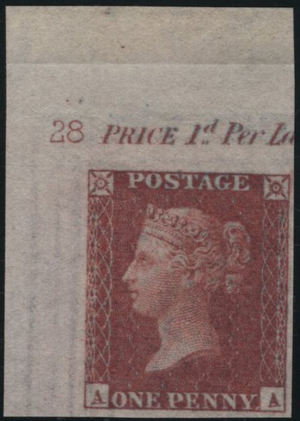 141668 1856 DIE 2 1D PL.28 UPPER LEFT CORNER IMPRIMATUR LETTERED AA.