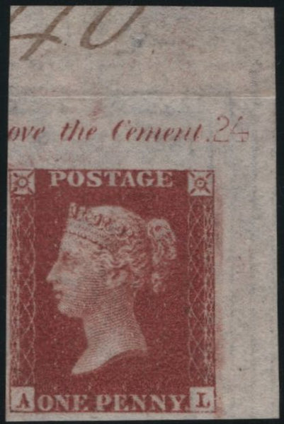 141669 1856 DIE 2 1D PL.24 UPPER RIGHT CORNER MARGINAL IMPERFORATE IMPRIMATUR LETTERED AL, WATERMARK SMALL CROWN (SPEC C7).