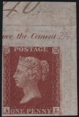 141669 1856 DIE 2 1D PL.24 UPPER RIGHT CORNER MARGINAL IMPERFORATE IMPRIMATUR LETTERED AL, WATERMARK SMALL CROWN (SPEC C7).