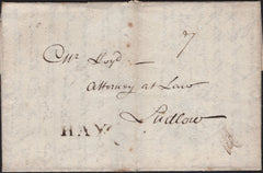 141671 1800 PART LETTER HAY ON WYE, BRECON TO LUDLOW WITH 'HAY' HAND STAMP (W1115).