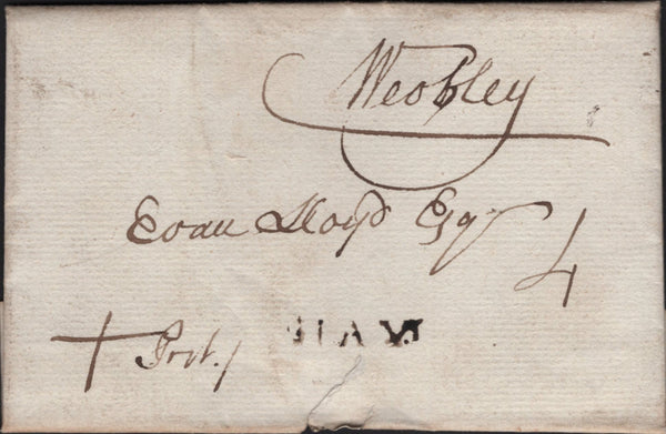 141675 1799 MAIL TALGARTH, BRECON TO WEOBLEY, HEREFORD WITH 'HAY' HAND STAMP (W1115) AND 'X' DENOTING CROSS POST.