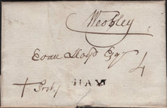 141675 1799 MAIL TALGARTH, BRECON TO WEOBLEY, HEREFORD WITH 'HAY' HAND STAMP (W1115) AND 'X' DENOTING CROSS POST.