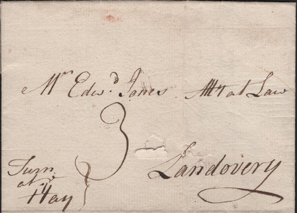 141680 CIRCA 1770-1778 MAIL PENHERRIG (?) TO LANDOVERY, MANUSCRIPT 'TURN AT HAY' AND VERY FINE 'HAY' HAND STAMP (W1112).