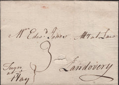 141680 CIRCA 1770-1778 MAIL PENHERRIG (?) TO LANDOVERY, MANUSCRIPT 'TURN AT HAY' AND VERY FINE 'HAY' HAND STAMP (W1112).