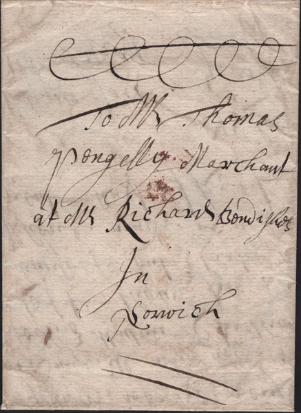 141682 1662 MAIL FROM YARMOUTH TO THOMAS PENGELLY, NORWICH WITH PENGELLY MANUSCRIPT BISHOP MARK '19/4'.
