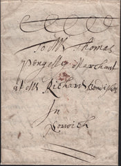 141682 1662 MAIL FROM YARMOUTH TO THOMAS PENGELLY, NORWICH WITH PENGELLY MANUSCRIPT BISHOP MARK '19/4'.