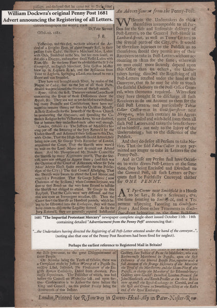 141684 1681 'THE IMPARTIAL PROTEFTANT MERCURY' NEWSPAPER WITH ANNOUNCEMENT BY WILLIAM DOCKWRA THAT ALL LETTERS WILL BE REGISTERED.