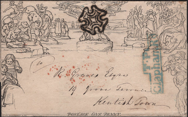 141687 1842 1D MULREADY WRAPPER USED IN LONDON, SUPERB BLACK MALTESE CROSS AND 'T.P/Clapham Rd' RECEIVERS HAND STAMP IN BLUE.