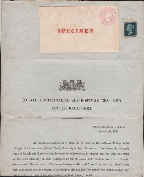 141691 1841 POSTAL NOTICE 'TO ALL POSTMASTERS AND LETTER RECEIVERS' FROM E.S. LEES  'GENERAL POST OFFICE, EDINBURGH' INTRODUCING THE PENNY RED (SG8), THE TWOPENNY BLUE (SG14) AND THE NEW POSTAL STATIONERY (Spec PN8).