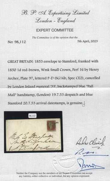 141693 1853 MAIL LONDON TO STAMFORD WITH HENRY ARCHER 1D EXPERIMENTAL PERFORATION PL.97 (SG16b)(PD).