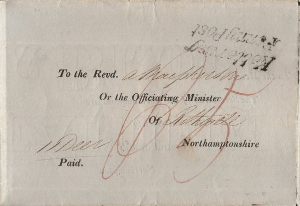 141695 1838 MAIL KETTERING TO ROTHWELL, NORTHANTS WITH 'Kettering/Penny Post' HAND STAMP (NN100), TURNED AND RE-USED.