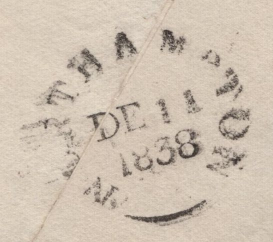 141695 1838 MAIL KETTERING TO ROTHWELL, NORTHANTS WITH 'Kettering/Penny Post' HAND STAMP (NN100), TURNED AND RE-USED.