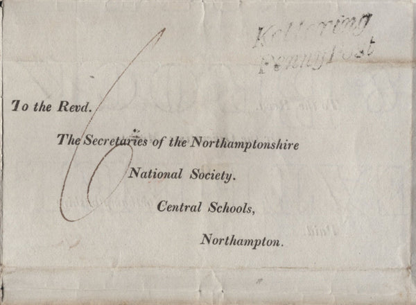 141695 1838 MAIL KETTERING TO ROTHWELL, NORTHANTS WITH 'Kettering/Penny Post' HAND STAMP (NN100), TURNED AND RE-USED.