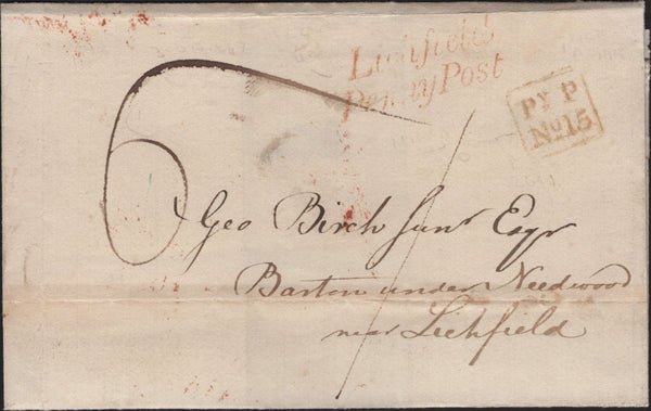 141697 1838 MAIL HANDSWORTH, BIRMINGHAM TO LICHFIELD WITH HANDSWORTH 'PY P/No15' HAND STAMP (BM261) AND 'Lichfield/Penny Post' HAND STAMP (ST350).