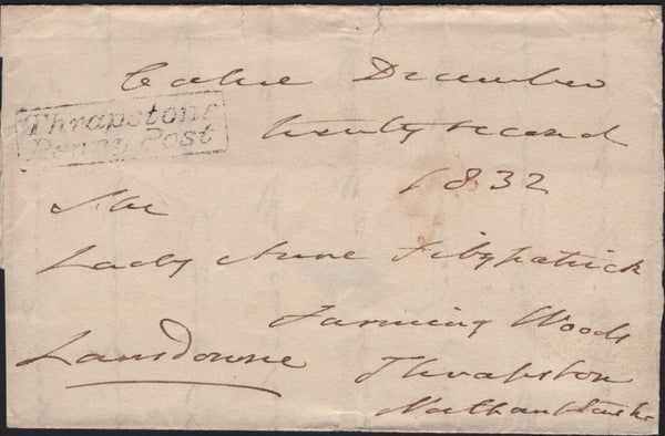 141703 1832 MAIL CALNE, WILTS TO THRAPSTON, NORTHANTS WITH 'CALNE' HAND STAMP (W117) AND 'Thrapston/Penny Post' HAND STAMP (NN221).