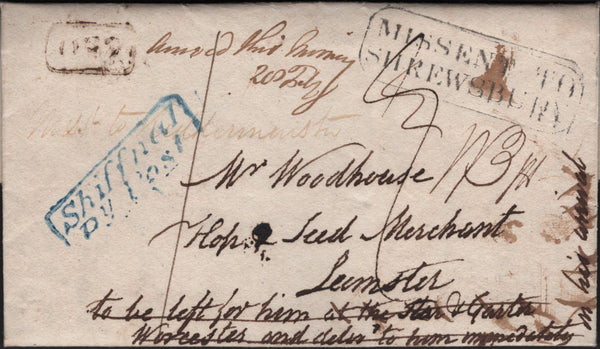141704 1830 MAIL BROSELEY, SHROPS TO LEOMINSTER WITH 'Shiffnal/Py Post' HAND STAMP IN BLUE (SH552) AND BOXED 'MISSENT TO/SHREWSBURY' HAND STAMP (SH692).