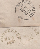 141704 1830 MAIL BROSELEY, SHROPS TO LEOMINSTER WITH 'Shiffnal/Py Post' HAND STAMP IN BLUE (SH552) AND BOXED 'MISSENT TO/SHREWSBURY' HAND STAMP (SH692).
