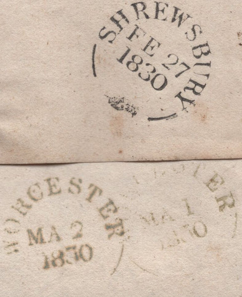 141704 1830 MAIL BROSELEY, SHROPS TO LEOMINSTER WITH 'Shiffnal/Py Post' HAND STAMP IN BLUE (SH552) AND BOXED 'MISSENT TO/SHREWSBURY' HAND STAMP (SH692).