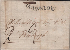 141705 1795 MAIL HOUNSLOW, MIDDLX TO EDINBURGH WITH 'HOUNSLOW' SERPENTINE STYLE HAND STAMP TYPE 10 (MX113).