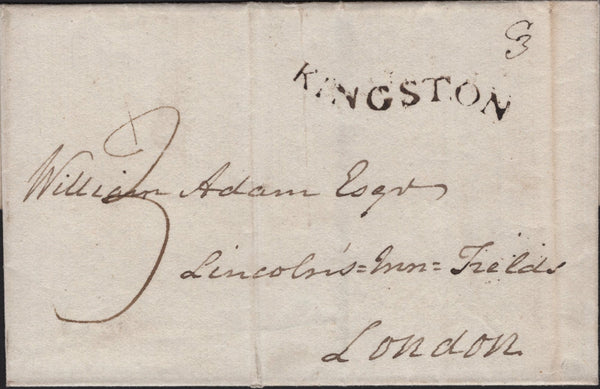 141707 1797 MAIL KINGSTON, SURREY TO LONDON WITH 'KINGSTON' SERPENTINE STYLE HAND STAMP (SY458).