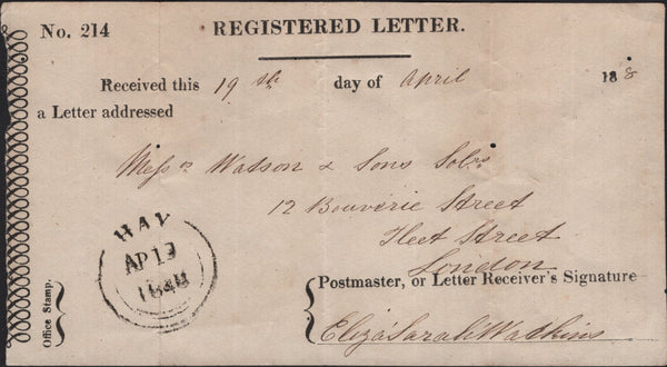 141711 1848 REGISTERED LETTER RECEIPT WITH 'HAY' DATE STAMP.