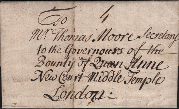 141712 1731 MAIL HAY ON WYE, BRECON TO QUEEN ANNE'S BOUNTY WITH EARLIEST STRIKE 'HAY' HAND STAMP (W1106).