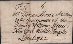 141712 1731 MAIL HAY ON WYE, BRECON TO QUEEN ANNE'S BOUNTY WITH EARLIEST STRIKE 'HAY' HAND STAMP (W1106).