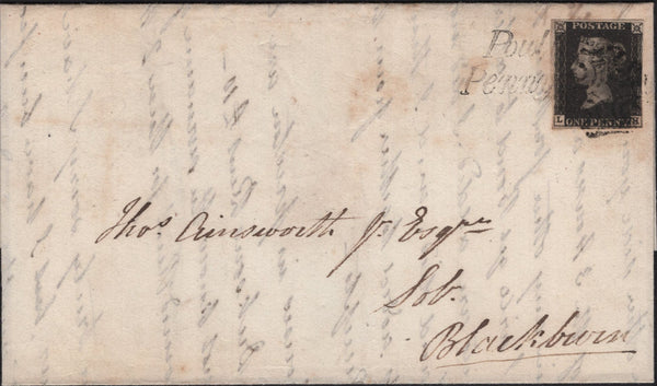 141715 1841 MAIL PRESTON TO BLACKBURN 1D BLACK PL.5 (SG2) CANCELLED BLACK MALTESE CROSS AND 'Poulton/Penny Post' HAND STAMP (SPEC A1ya).